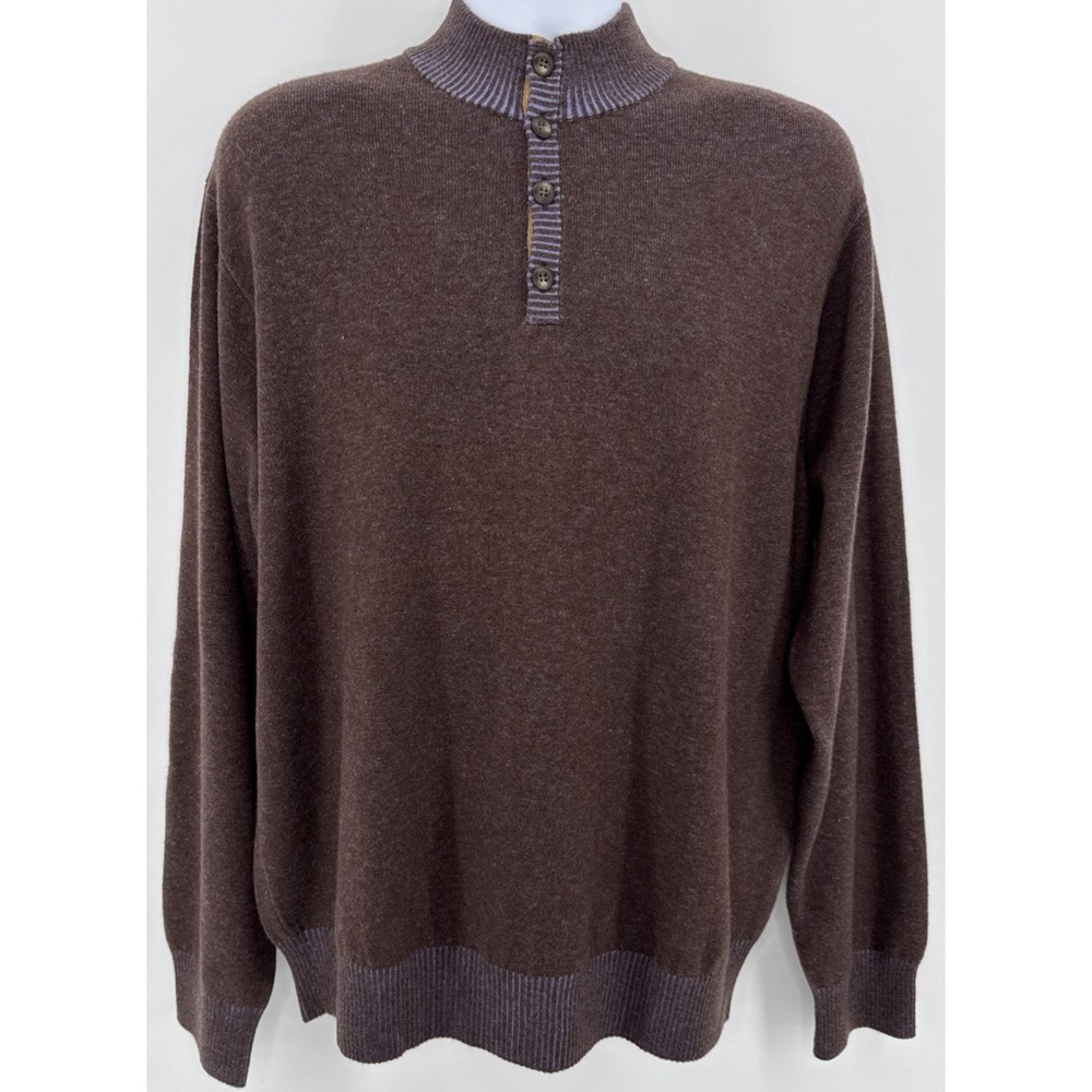 Peter Millar 4 Ply Cashmere Sweater Men's XL Brown Blue Trim Soft Knit